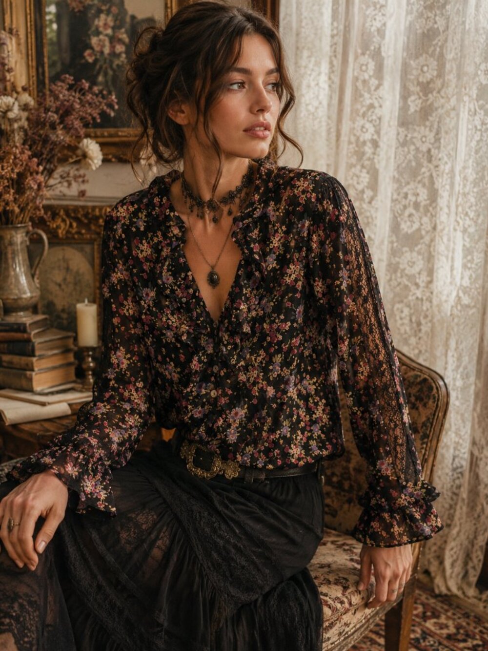Edward Silk Chiffon Black Floral‎ Top M Romantic Ruffle Front Victorian Boho